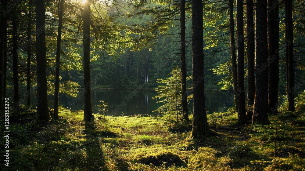 Fototapeta premium Serene Forest Lake at Sunrise: A Tranquil Escape into Nature's Embrace