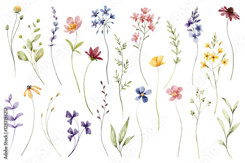 Flowers and leaves set, floral watercolor illustration for greeting card, invitation and other printing design. Isolated on white. Hand drawing.