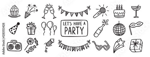 Party event or Birthday doodle icon element doodle hand drawn icon set. Outline drawing party, carnival celebration concept line clipart symbol collection. sketch birthday cake, balloon, decoration