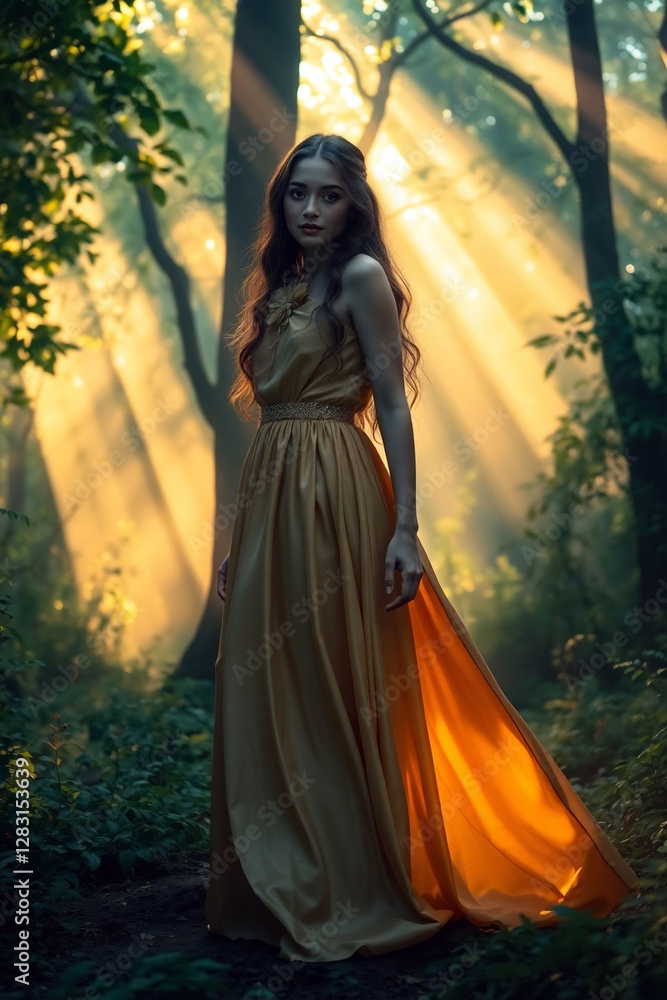 A glowing woman stands amidst a forest, draped in a shimmering golden gown, as streams of soft sunlight break through the dense trees, casting a mystical aura A glowing woman stands amidst a forest, draped in a shimmering golden gown, as streams of soft sunlight break through the dense trees, casting a mystical aura