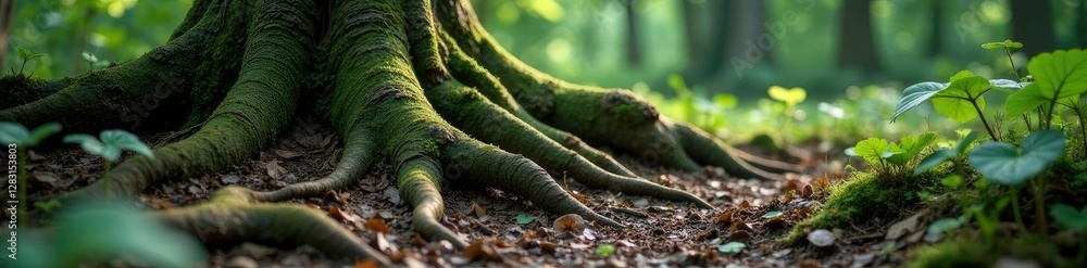 Twisted tree roots snaking through forest floor, forest decay, underground world, fungi growth