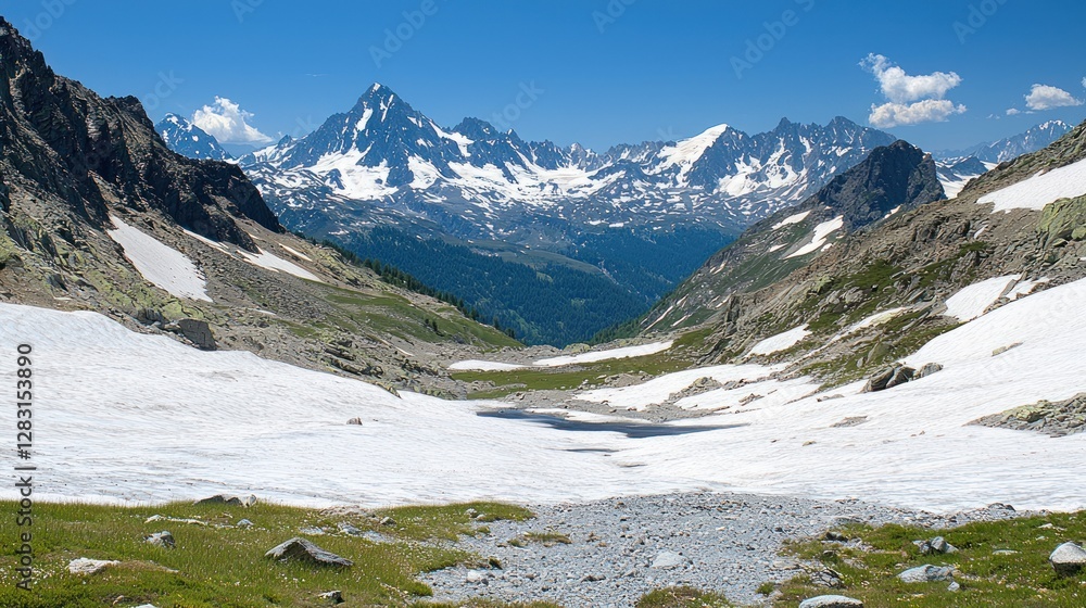 Obraz premium Majestic Alpine Landscape: Snow-Covered Valley and Mountain Peaks