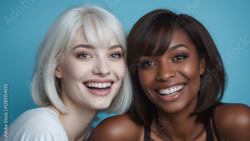 Portrait of female best friends, light blue studio background, diversity concept