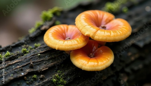 Unique oysterling crepidotus variabilis fungi on decaying wood surface, mushrooms, identification, wood photo