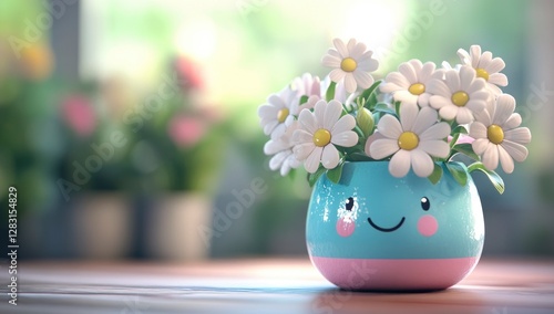 A cute blue and pink flower pot with flowers on blurred background, happy smiley face, close-up shot, Spring flowers Concept