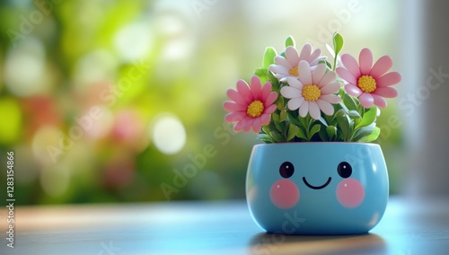 A cute blue and pink flower pot with flowers on blurred background, happy smiley face, close-up shot, Spring flowers Concept