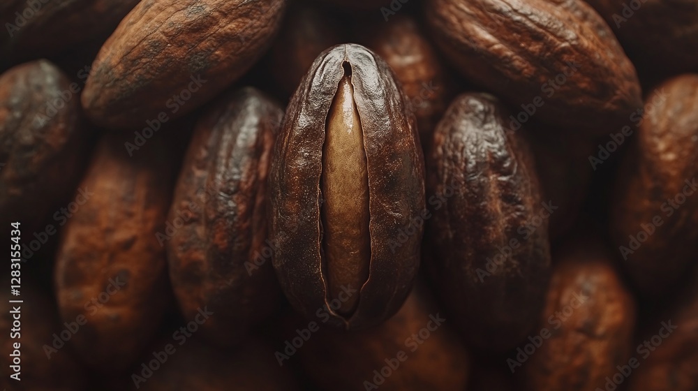 Naklejka premium raw roasted cocoa beans top view with dark brown organic chocolate seed and natural tropical pod as sweet food ingredient in plant texture heap