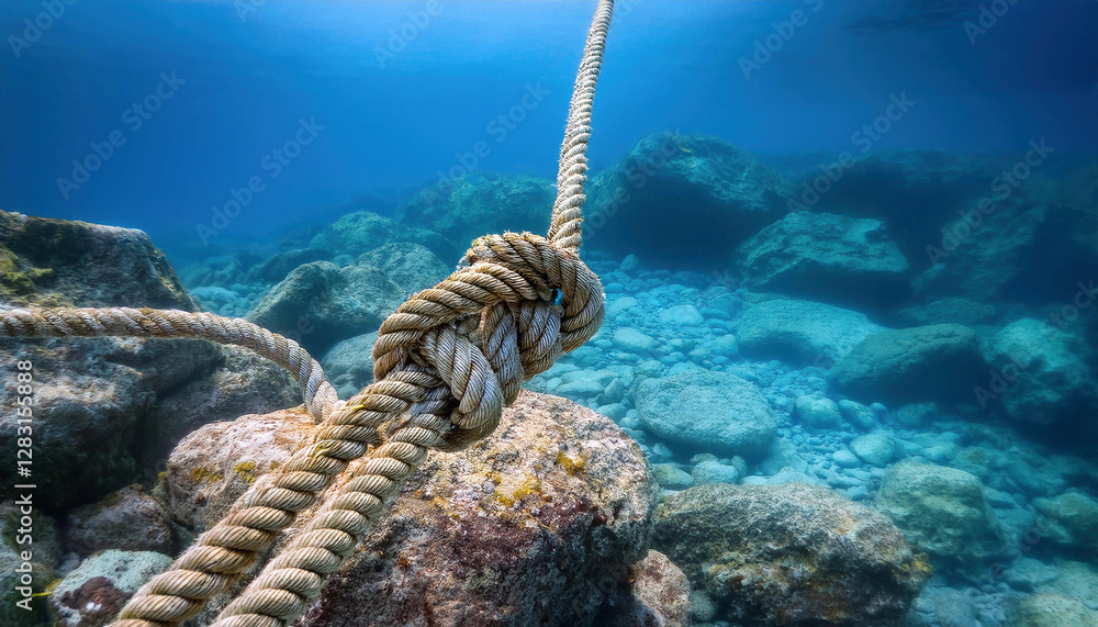 Fototapeta premium A thick rope with a secure knot is tied to a rock underwater, surrounded by clear blue water and rugged ocean stones.