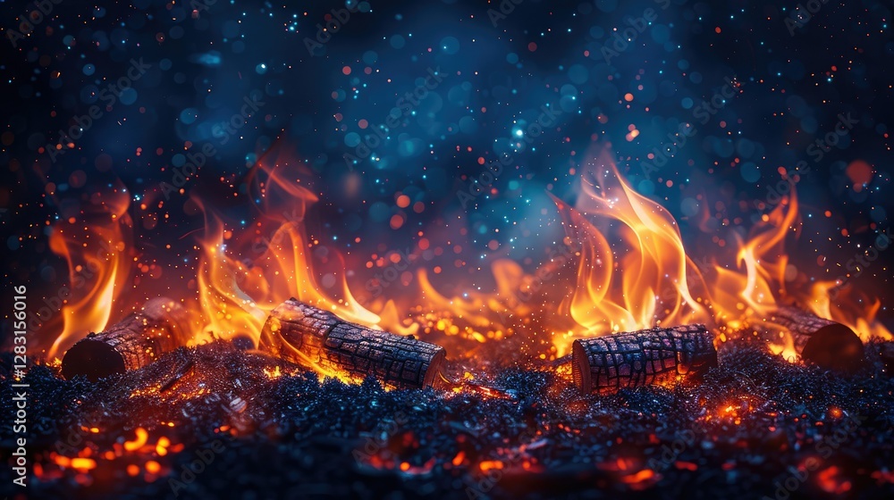 Fiery flames erupting from the burning logs and glowing embers Fiery flames erupting from the burning logs and glowing embers