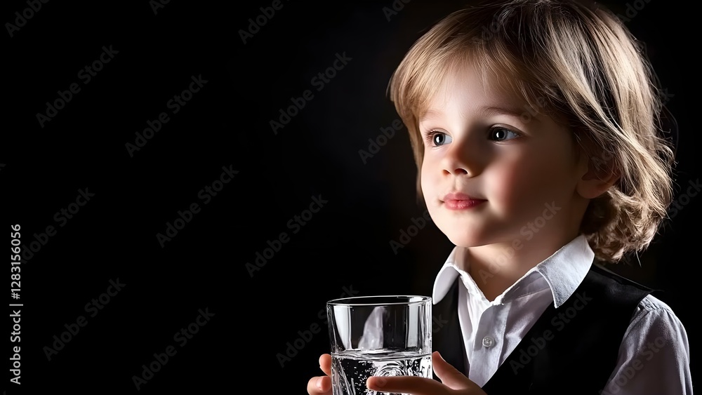 A young child in formal attire holds a glass of water against a dark background. Concept Child in Formal Attire, Elegant Portrait, Glass of Water, Dramatic Lighting, Dark Background