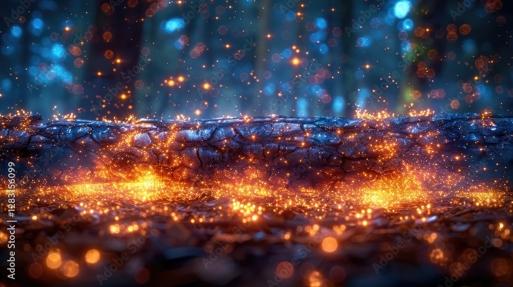 Glowing embers and blue lights create an enchanting forest scene Glowing embers and blue lights create an enchanting forest scene