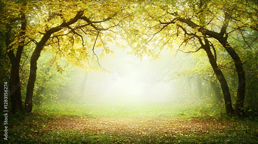 Fototapeta premium Autumn Forest Path with Yellow Leaves and Sunlight