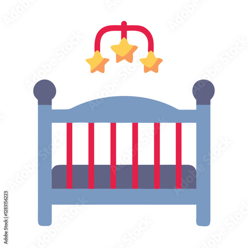 Baby crib icon with stars mobile in blue and red colors