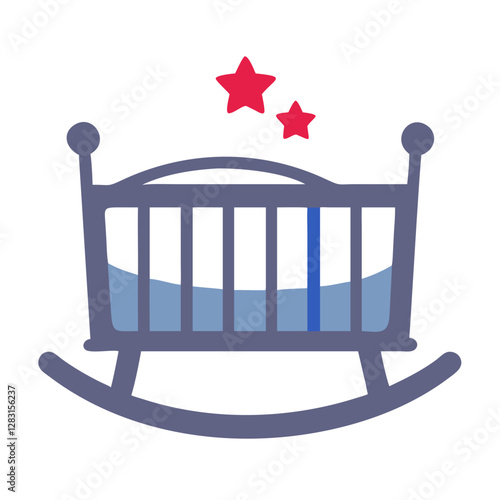 Rocking baby crib icon with stars in blue and red colors 