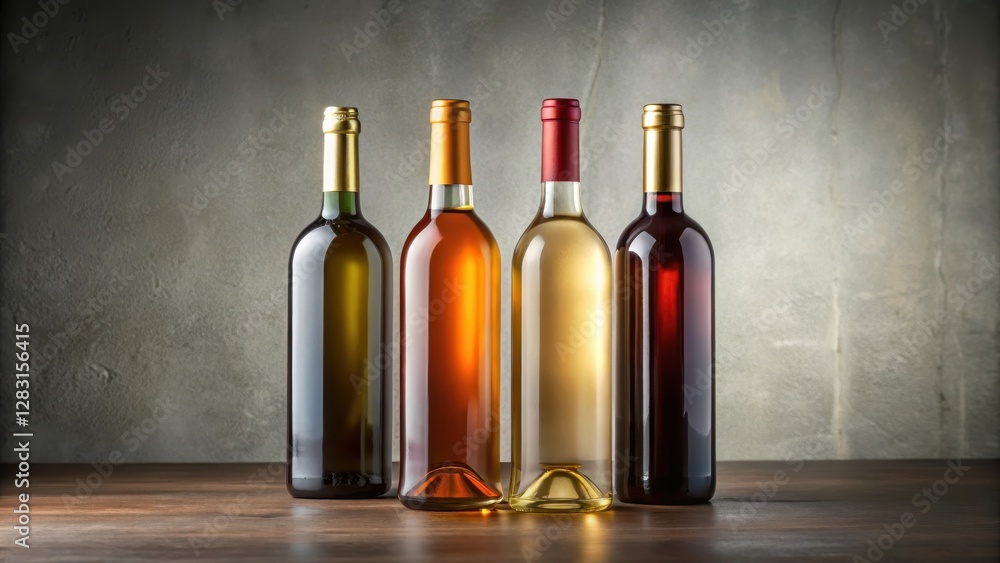 Wine bottles on gray background, beverage product display Wine bottles on gray background, beverage product display