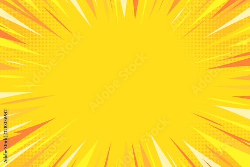 Comic book yellow abstract background. Modern creative pop art yellow halftone style background with thunder lightning lines