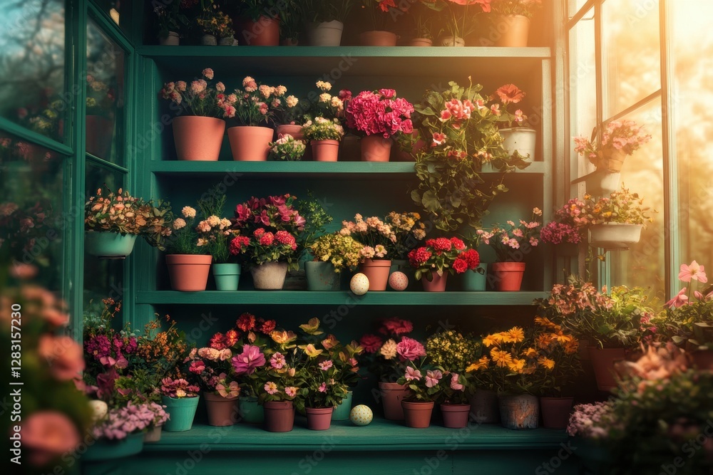 Brightly colored flowers fill towering shelves in a cozy greenhouse during springtime celebrations Brightly colored flowers fill towering shelves in a cozy greenhouse during springtime celebrations