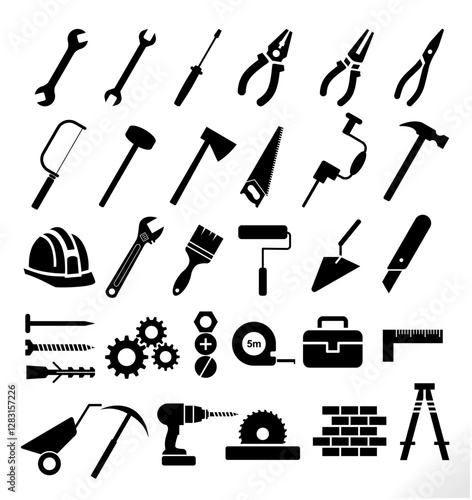 Construction tool icon collection. including wrench, hammer, plier, screwdriver, toolbox, helmet, jigsaw, axe, paintbrush, cutter, screw, nail, gear, scale, drill, brick, shovel etc.
