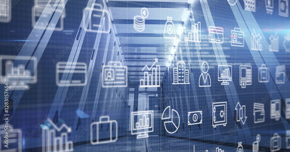 Obraz premium Image of digital icons and data processing over computer servers