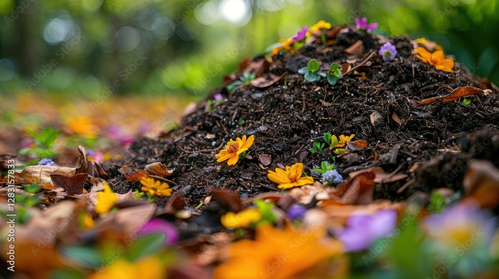 A small pile of soil is decorated with colorful flowers A small pile of soil is decorated with colorful flowers