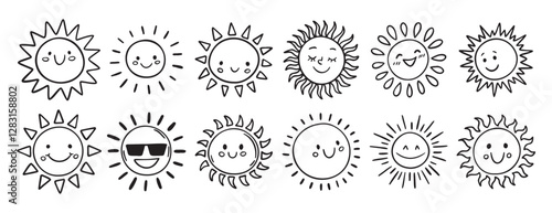 Cute kids sun doodle hand drawn icon set. Outline drawing funny happy smile suns cartoon characters line clipart symbol collection