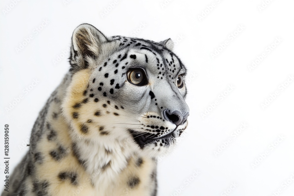 Fototapeta premium Close-up photo of a snow leopard's face on a white background
