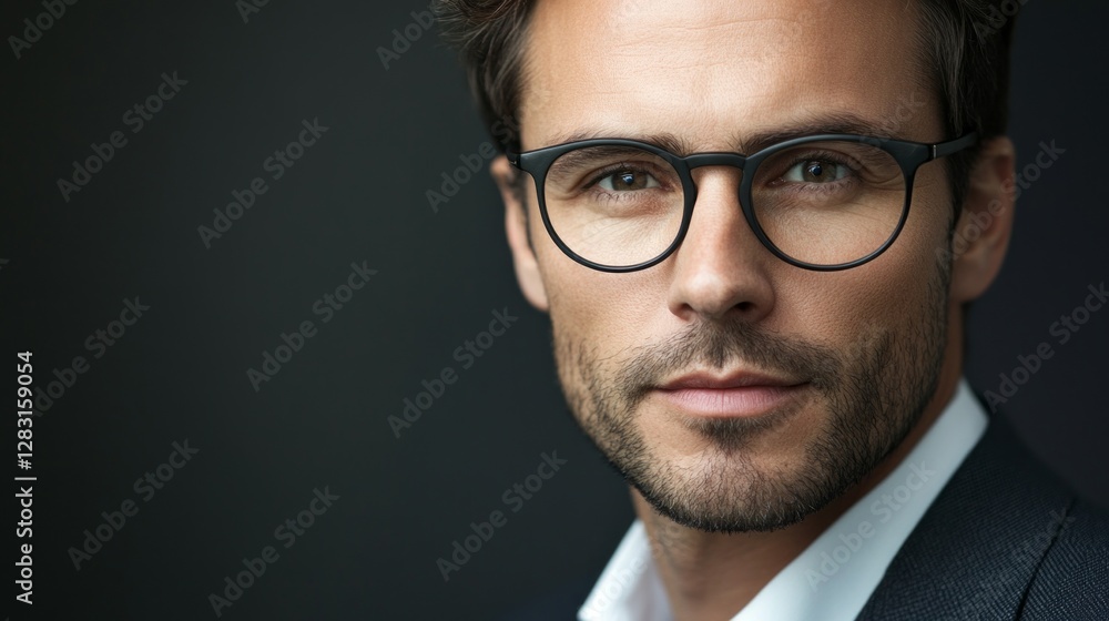 This striking portrait features a businessman with stylish glasses, exuding confidence and charisma This striking portrait features a businessman with stylish glasses, exuding confidence and charisma