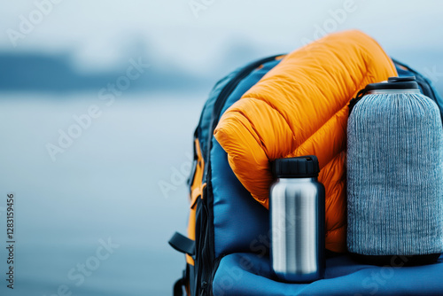 Camping, A detailed shot of a camping backpack filled with gear, showcasing high fidelity imagery for outdoor enthusiasts. photo