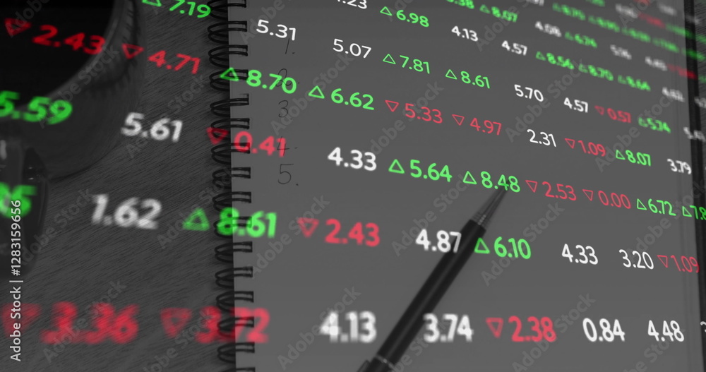 Fototapeta premium Image of financial data processing over notebook