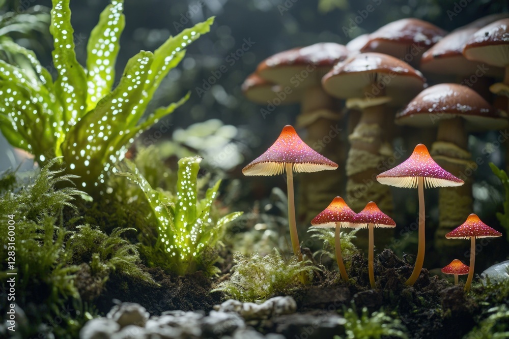 Fototapeta premium A group of mushrooms growing on the forest floor, surrounded by lush green vegetation