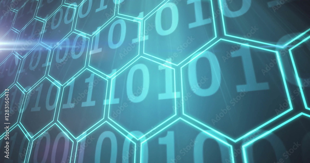 Fototapeta premium Binary code within hexagonal grid, digital data processing image