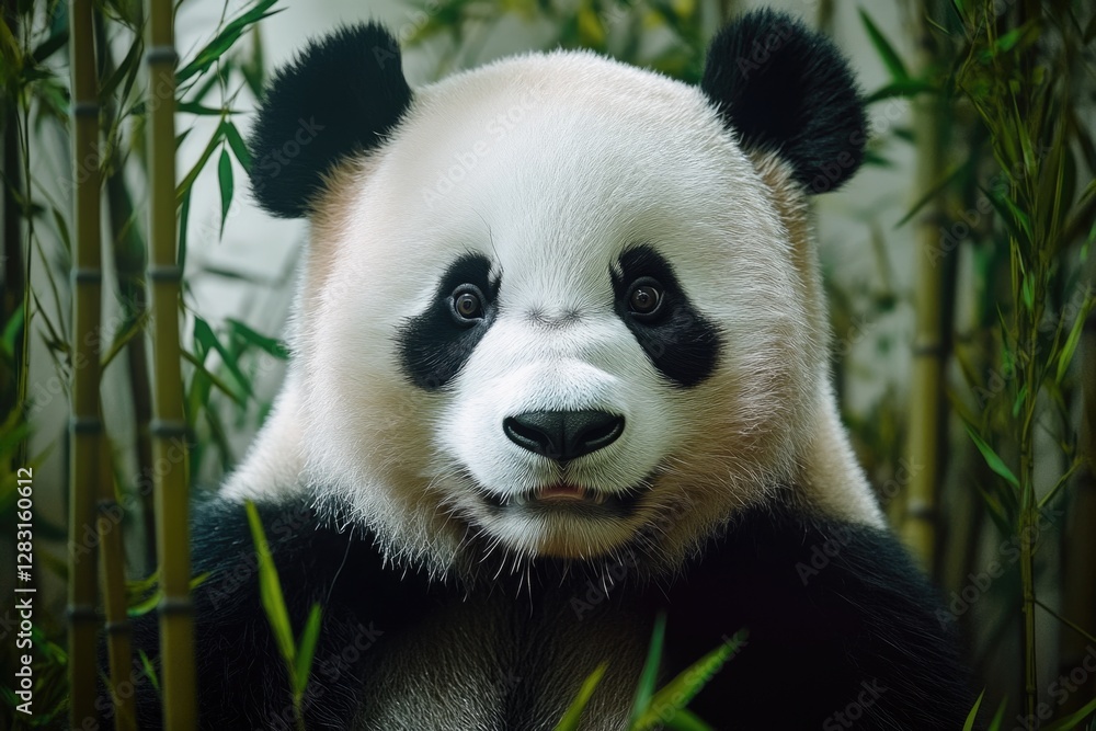 Naklejka premium A close-up shot of a panda bear sitting in a bamboo forest, surrounded by tall stalks and lush greenery