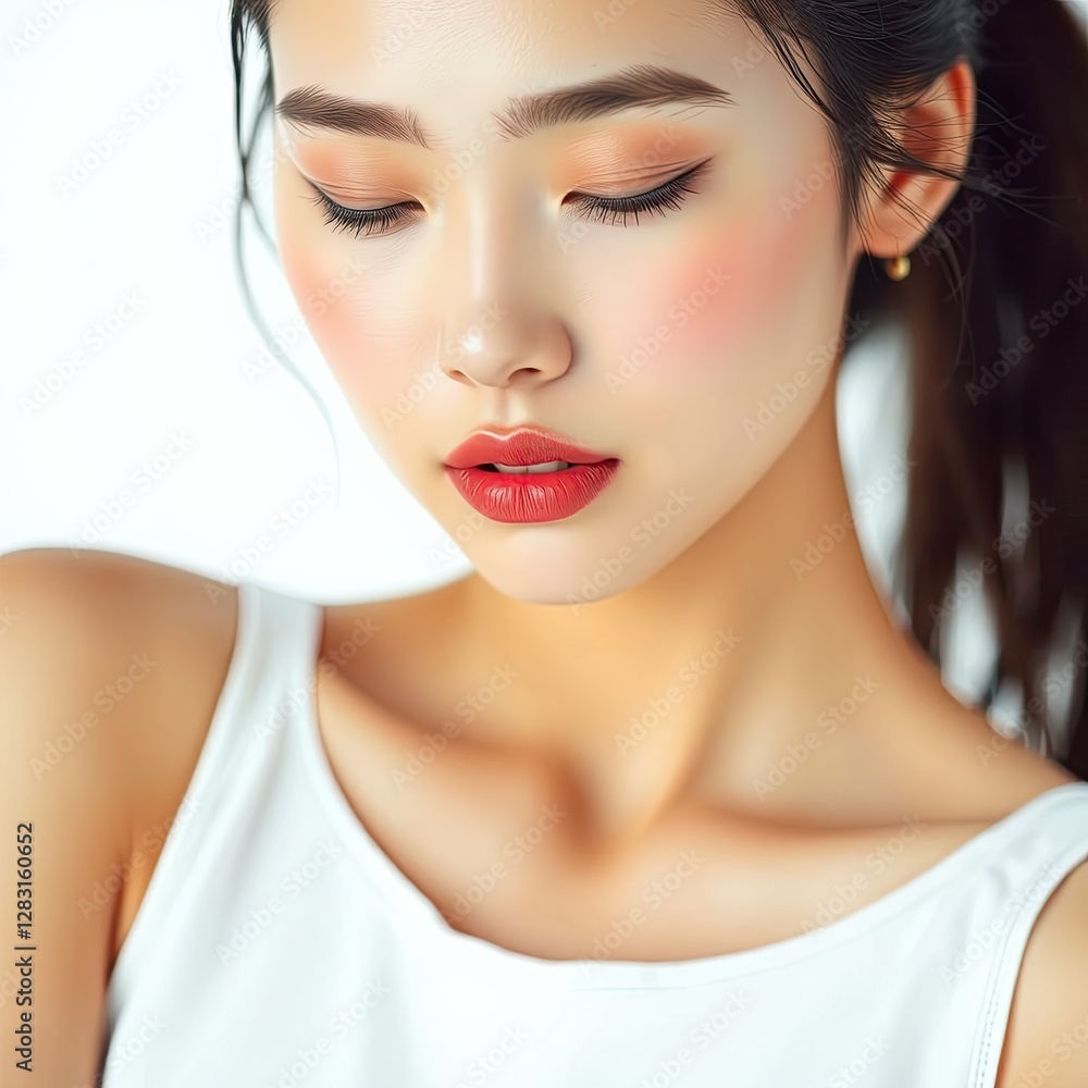 Young Woman With Makeup Wearing White Tank Top Young Woman With Makeup Wearing White Tank Top
