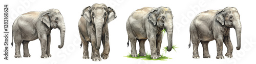 Watercolor Artwork Depicting Four Unique Poses of Asian Elephants in a Natural Setting