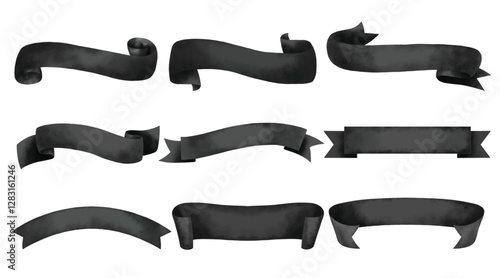 Ribbons elements watercolor stye. Flat banner ribbon for decorative design. Ribbons, Banners, badges, Labels Design Elements.