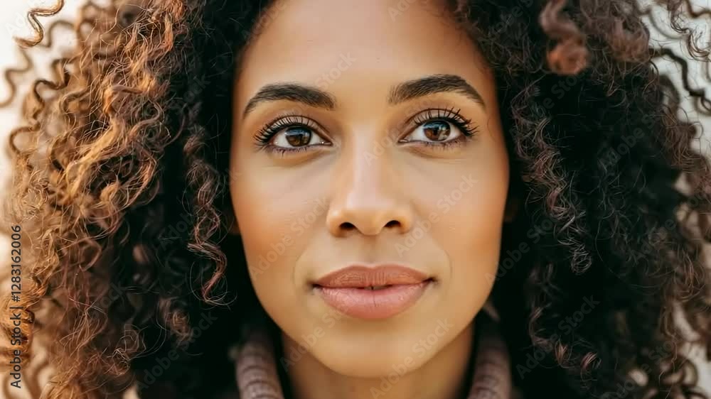 Captivating expressions: closeup of woman with vibrant curly hair showcasing different moods Captivating expressions: closeup of woman with vibrant curly hair showcasing different moods