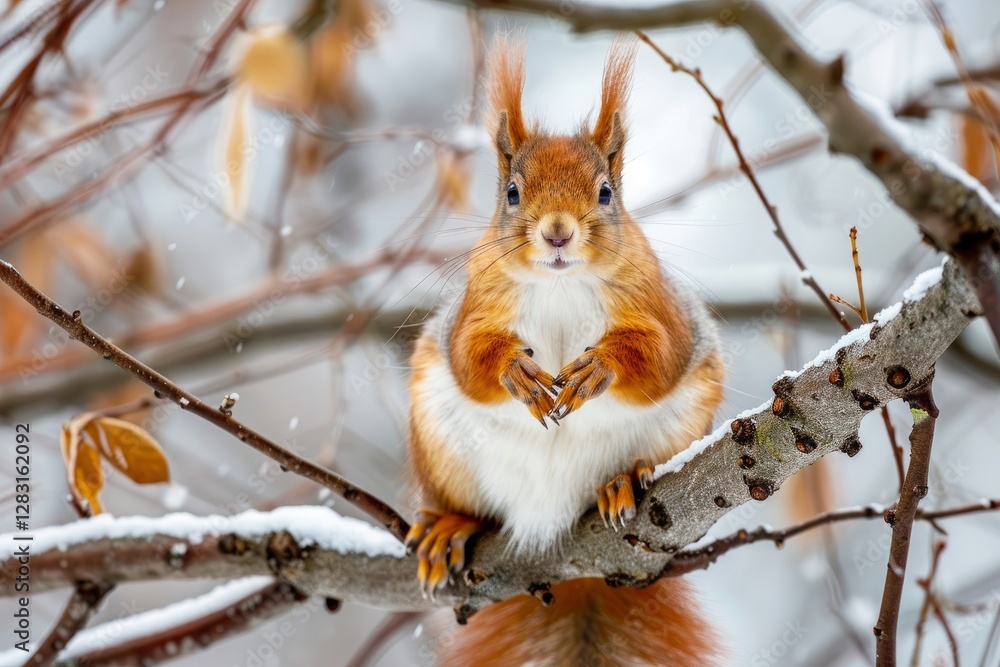 The squirrel sits on a branches without leaves in the winter or autumn. Eurasian red squirrel, Sciurus vulgaris The squirrel sits on a branches without leaves in the winter or autumn. Eurasian red squirrel, Sciurus vulgaris