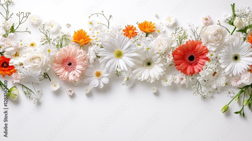 Obraz premium Floral Arrangement on White Background, Flat Lay, Spring Flowers, Decorative
