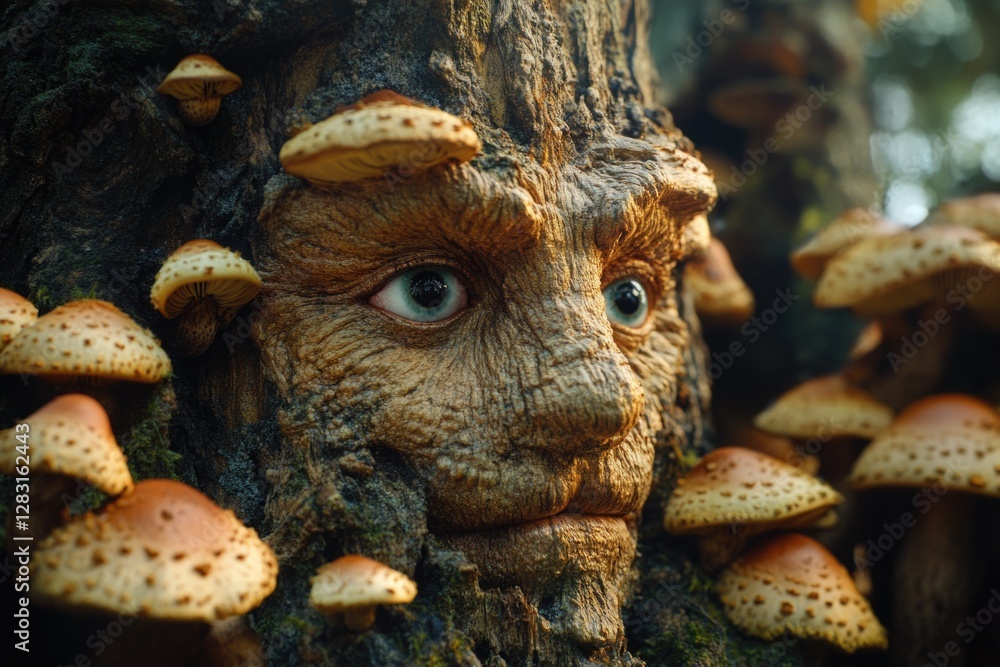 Obraz premium Close-up shot of a tree trunk with various types of mushrooms growing out of it