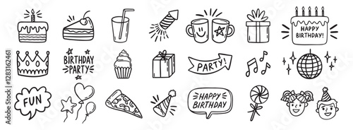 Set of Happy Birthday for kids doodles. Sketch of party decoration, gift box, cake, party hats. Birthday doodle hand drawn icon set.