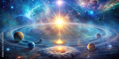 Celestial landscape with a glowing aura of soul surrounded by stars and planets , spiritual heavens, cosmic spirituality