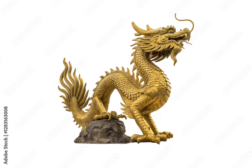 A golden dragon statue crouched on a rock base, detailed scales and flowing mane emphasizing its mythical power and elegance, isolated on a transparent background A golden dragon statue crouched on a rock base, detailed scales and flowing mane emphasizing its mythical power and elegance, isolated on a transparent background