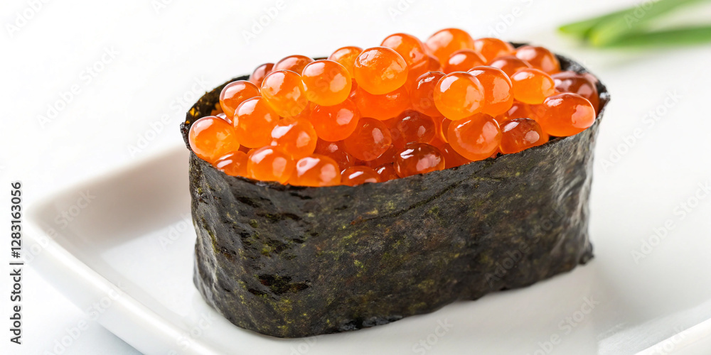 Delicious Ikura (Salmon Roe) Gunkan Maki Sushi Isolated for Gourmet Photography Delicious Ikura (Salmon Roe) Gunkan Maki Sushi Isolated for Gourmet Photography