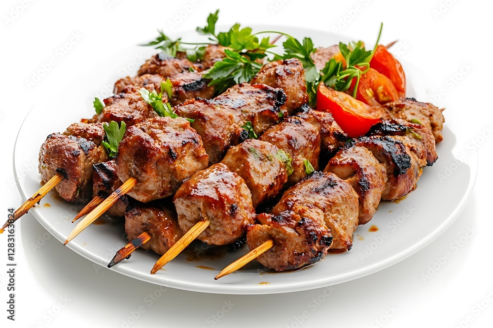 Grilled Meat Skewers with Fresh Vegetables on White Plate Grilled Meat Skewers with Fresh Vegetables on White Plate