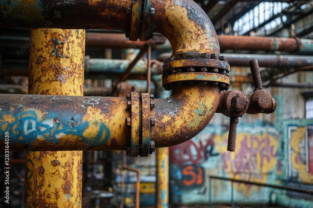 A worn-out pipe covered in street art and urban murals A worn-out pipe covered in street art and urban murals