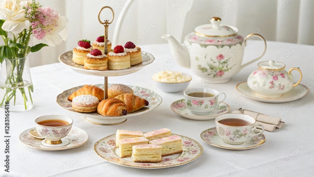 Elegant Afternoon Tea Set with Pastries and Teapot on Table Featuring Delicate Floral Patterns Elegant Afternoon Tea Set with Pastries and Teapot on Table Featuring Delicate Floral Patterns