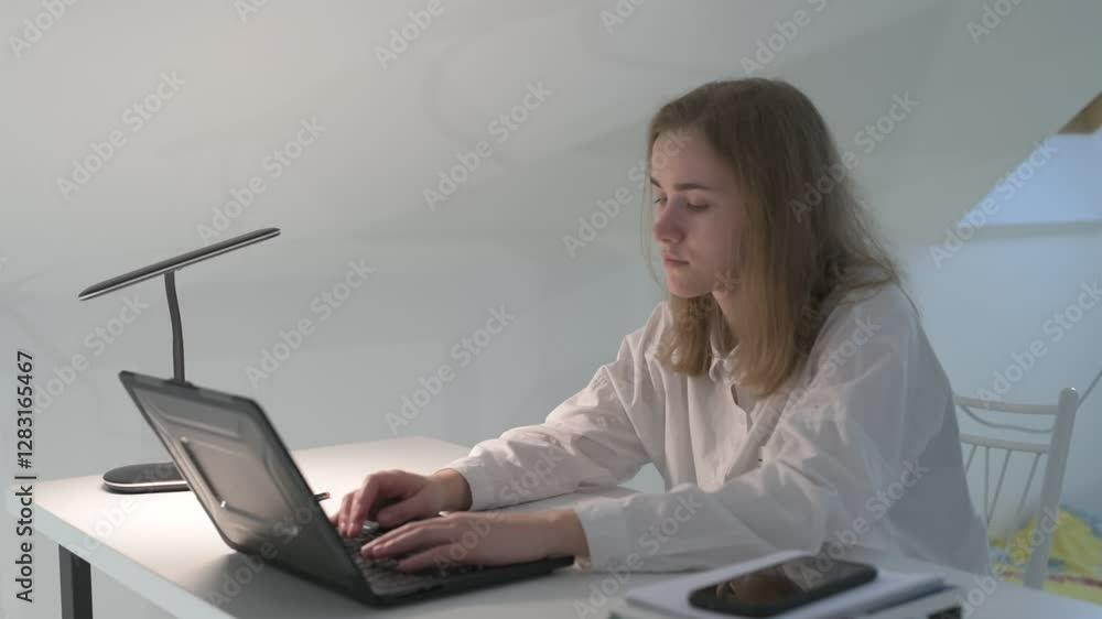 Schoolgirl in white shirt sits at desk with notebooks, textbooks, smartphone and laptop, does homework, online distance learning