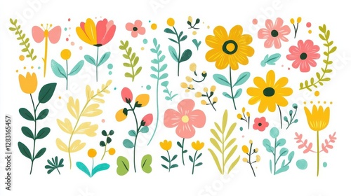 Illustration - plant drawing of colorful spring flowers set in a flat vector style, with a white background, simple shapes, hand-drawn doodle style, and pastel colors