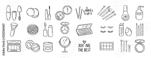 make up beauty doodle hand drawn icon set. Outline drawing cosmetics line clipart symbol