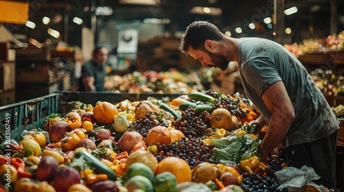 Food Waste A grocery store dumpster overflows with fresh produce, while a homeless man scavenges through it in the background photo